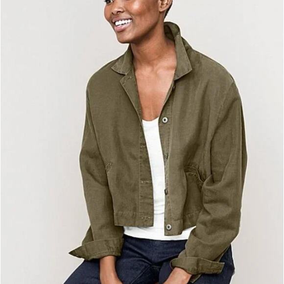 EILEEN FISHER Tencel Linen Jacket Shacket Olive Green {3S27}